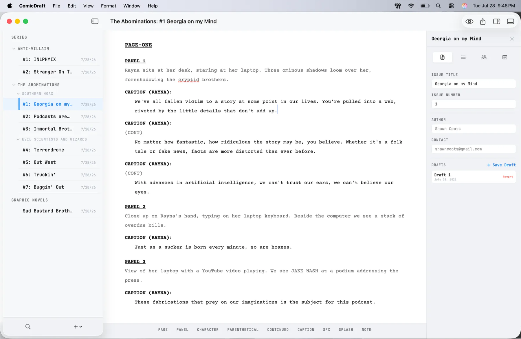 ComicDraft editor with the series library on the left, a formatted comic script in the centre, and the issue details inspector on the right