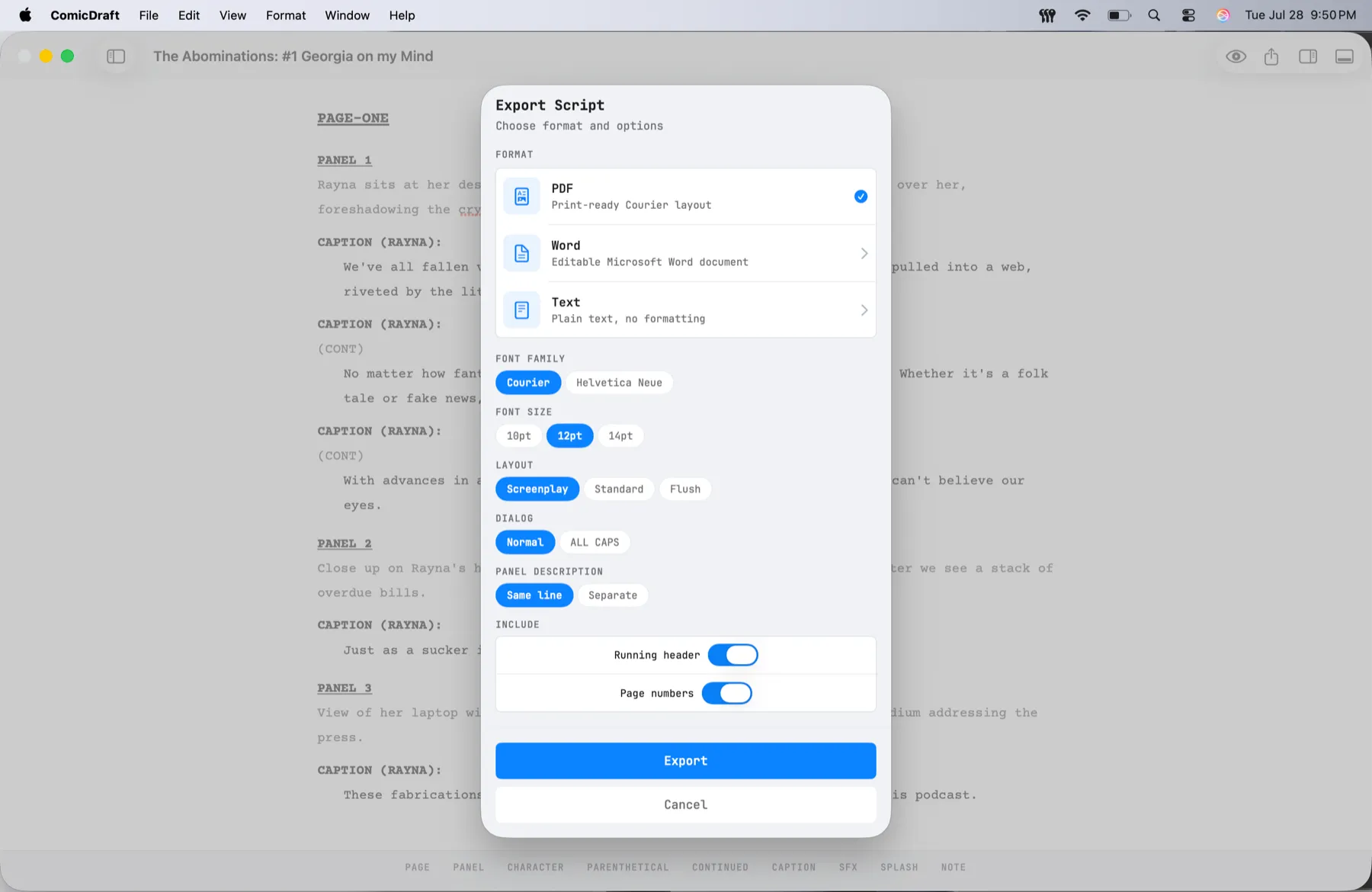 ComicDraft export dialog offering PDF, Word, and plain text formats alongside font, layout, and header options