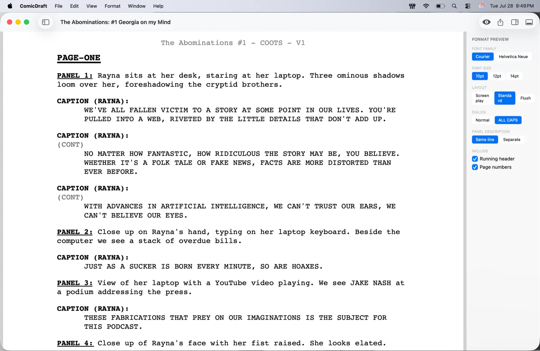 ComicDraft format preview showing a script rendered in Courier with font, layout, and dialog controls in the side panel