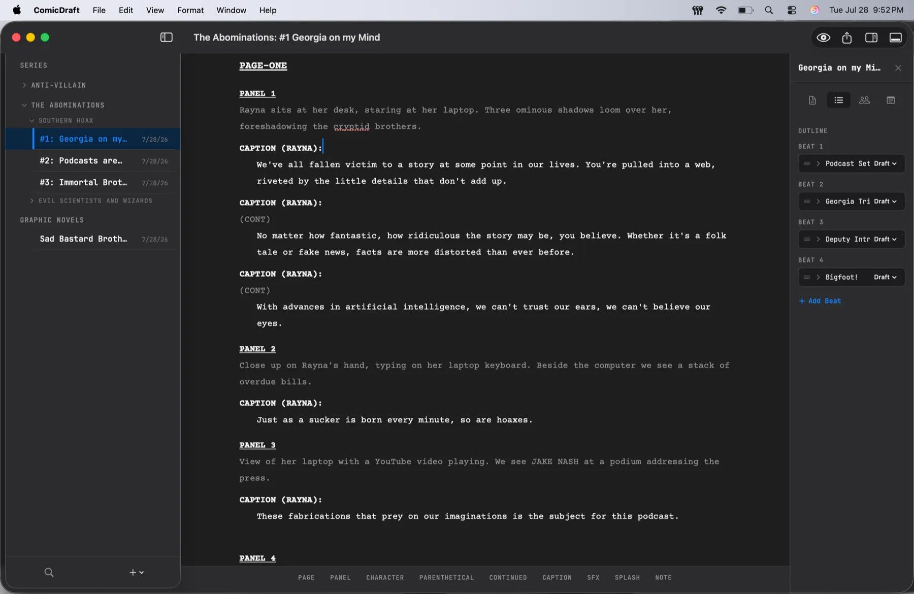 ComicDraft in dark mode with the outline inspector open, showing four story beats each marked with a draft status