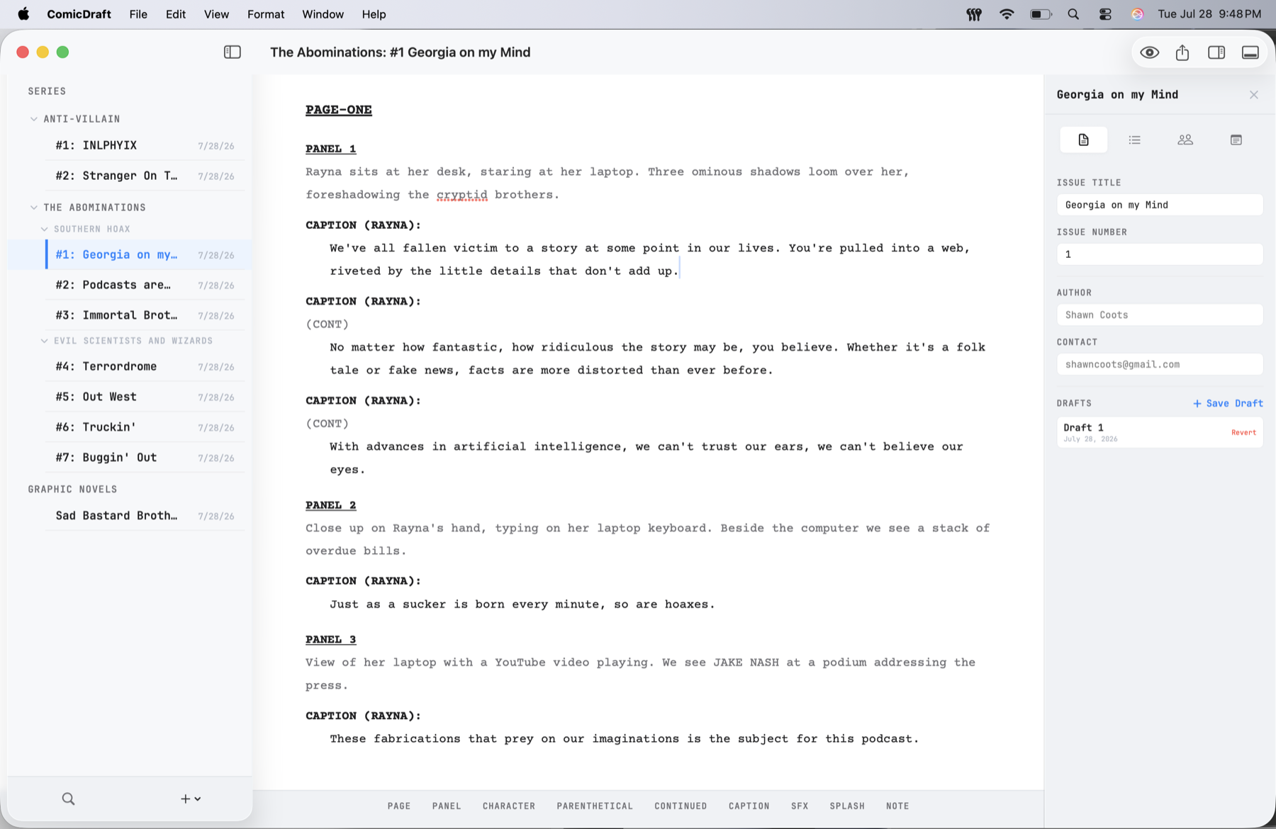 Comic Draft editor with the series library on the left, a formatted comic script in the centre, and the issue details inspector on the right