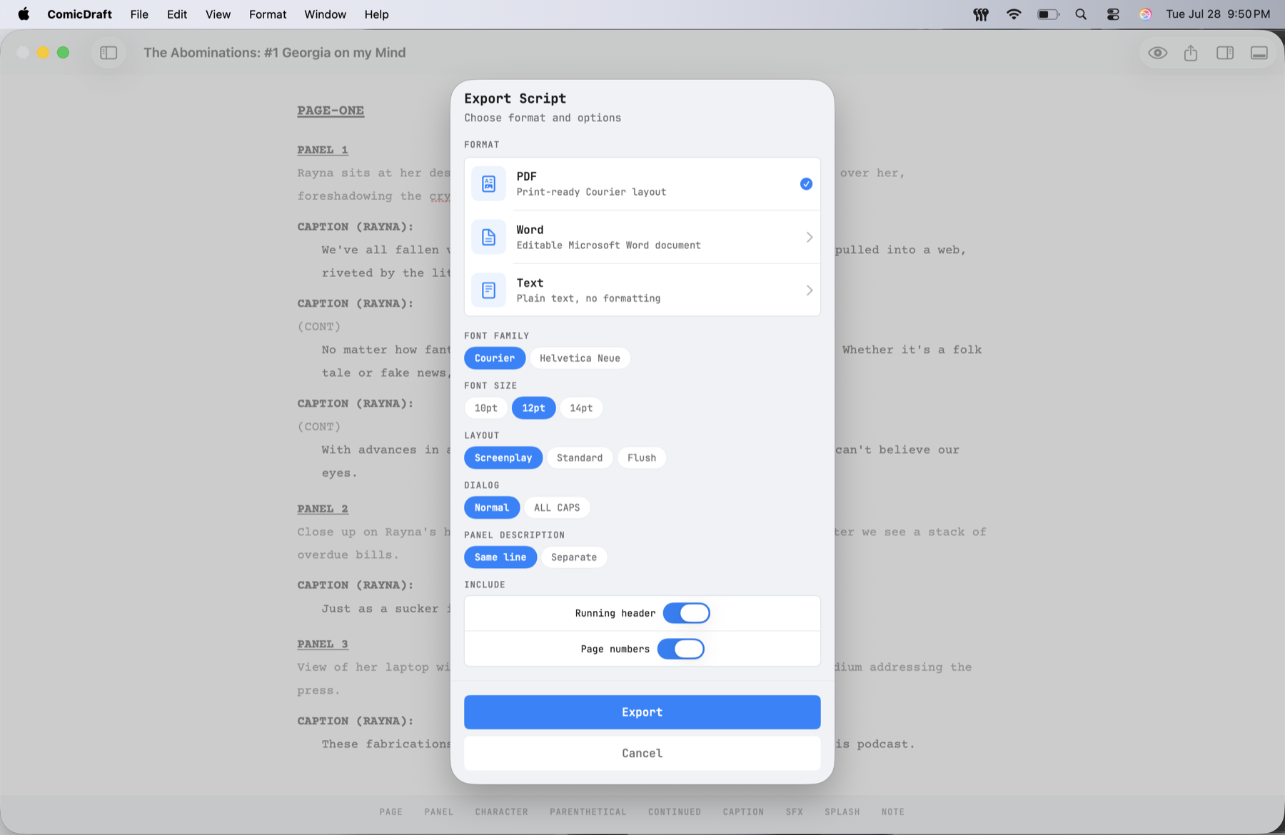 Comic Draft export dialog offering PDF, Word, and plain text formats alongside font, layout, and header options