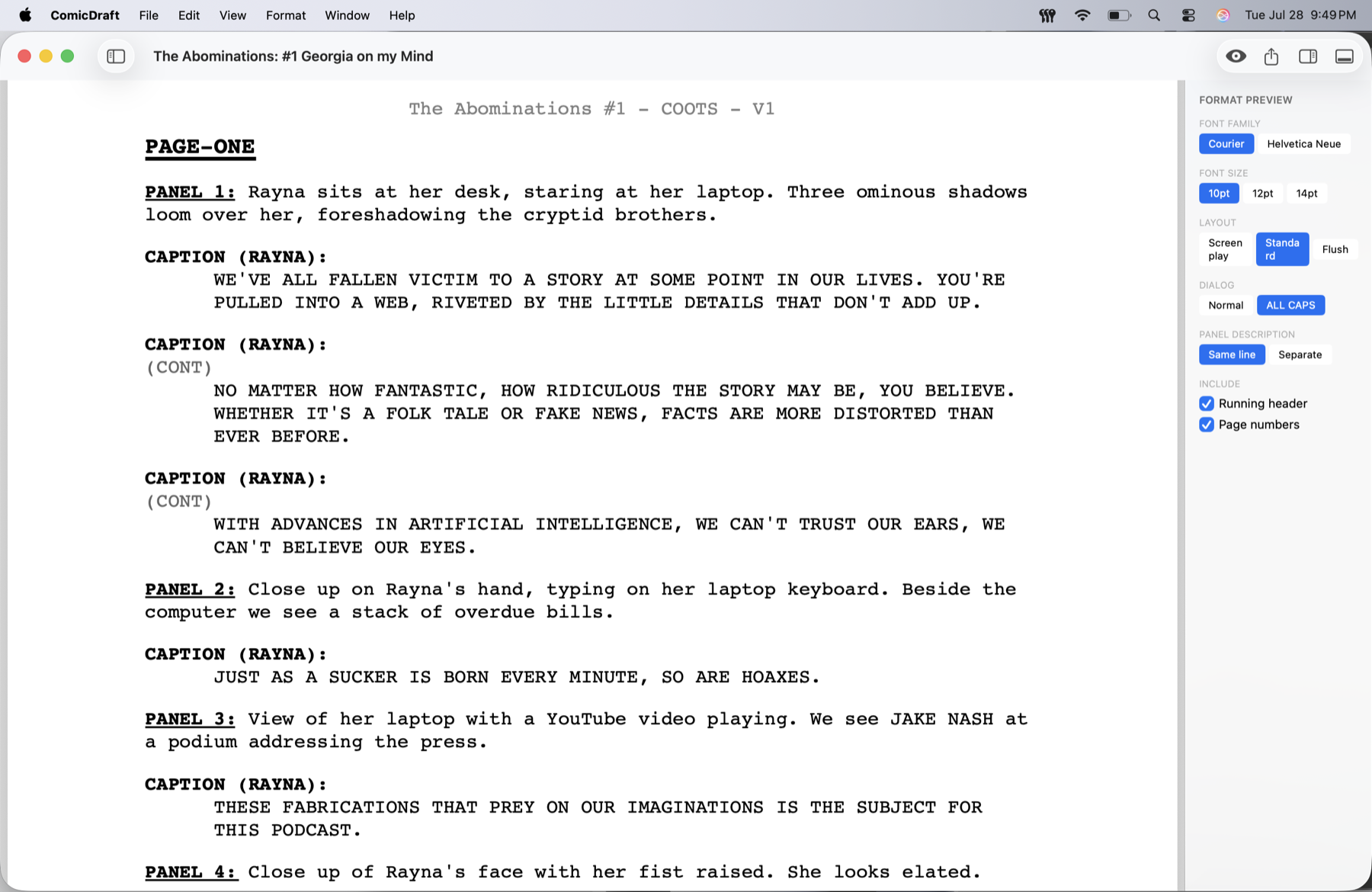 Comic Draft format preview showing a script rendered in Courier with font, layout, and dialog controls in the side panel