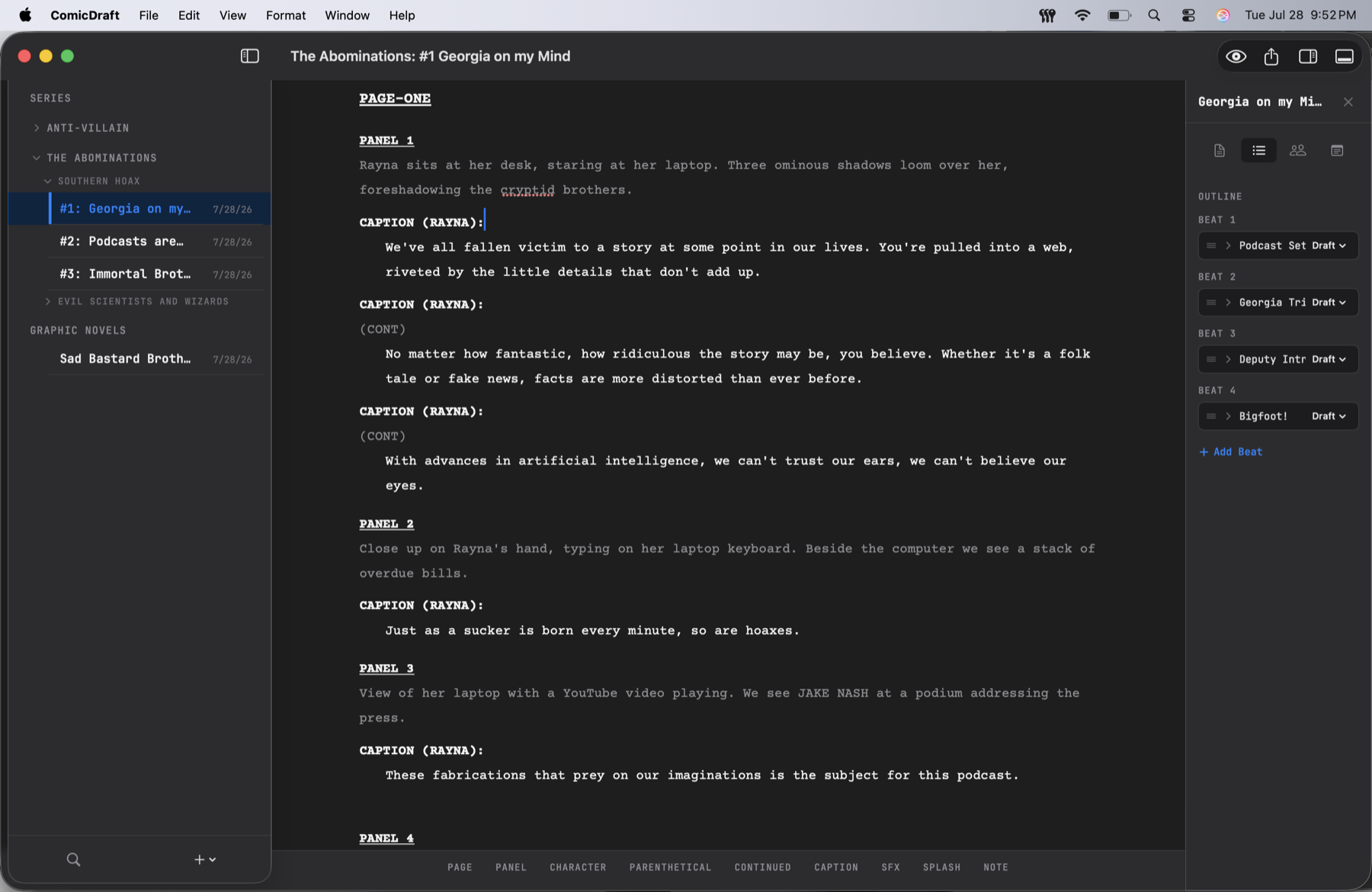 Comic Draft in dark mode with the outline inspector open, showing four story beats each marked with a draft status